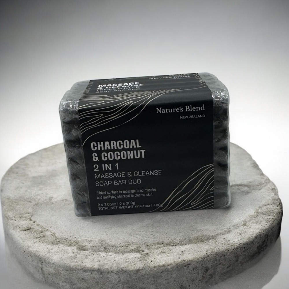 Natures Blend 2 in 1 Charcoal & Coconut Massage &‎ Cleanse Soap Bar Duo NEW